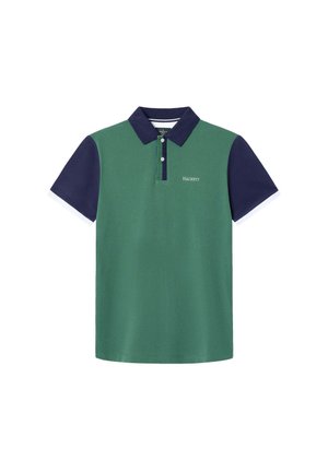 Grön polo shirt med marinblå ärmar och krage. Har två knappar och en vit detalj vid ärmsluten. Logotyp broderad på framsidan.