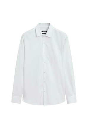 Weißes Langarmhemd aus Baumwolle mit klassischem Kragen und Knopfleiste, ausgestattet mit Einknopfmanschetten und geradem Saum.