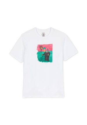 Witte katoenen t-shirt met een kleurrijke, abstracte tekening van een zon en een figuur op een groene achtergrond, omrand door roze. Korte mouwen.