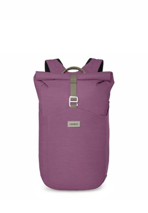 Purple roll-top backpack with front buckle, top handle, and shoulder straps, labeled with "Osprey" brand on front pocket.