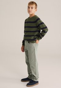 Zaļš un jūras debeszilas svītrains adīts džemperis ar ribotām piedurknēm, apvienots ar gaiši zaļām biksēm un ziliem zamšāda sporta apaviem. Stāvoša poza, neitrāls fons.