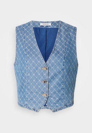 Denim vest with a light blue color, featuring a diamond pattern, v-neckline, and three silver buttons at the front. Contrasting blue lining inside.