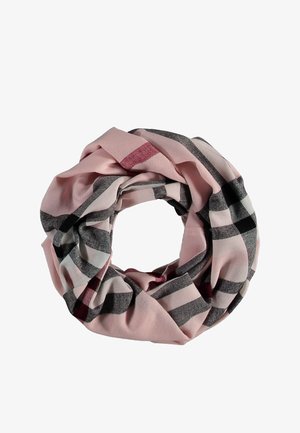 Light pink infinity scarf featuring a checkered pattern in dark gray, white, and red hues, made of soft, textured fabric.