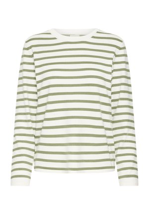 Bluza cu mâneci lungi, cu dungi alternative verde măsliniu și alb, guler rotund, material moale și croială lejeră.