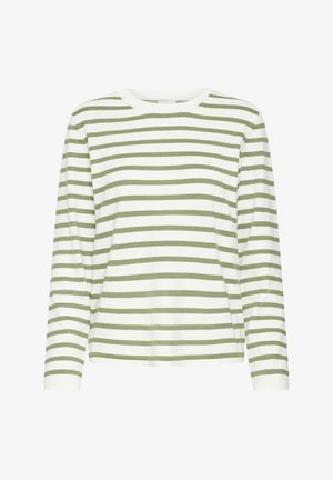 Hosszú ujjú csíkos felső, váltakozó olívazöld és fehér csíkokkal, kerek nyakkivágással, puha anyagból, laza szabással.