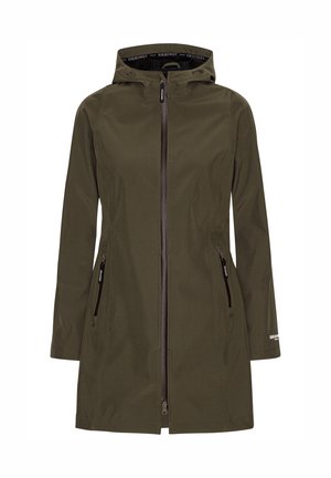 Veste imperméable vert olive avec capuche, fermeture éclair sur toute la longueur et deux poches latérales zippées. Texture lisse et coupe ajustée.