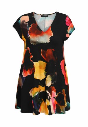 Schwarze Blusentunika mit lebendigen, mehrfarbigen Mustern, kurzen Ärmeln und V-Ausschnitt. Hergestellt aus weichem, dehnbarem Stoff.