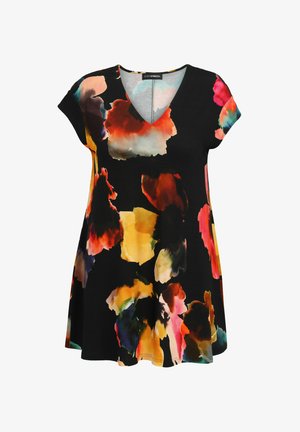 Schwarze Blusentunika mit lebendigen, mehrfarbigen Mustern, kurzen Ärmeln und V-Ausschnitt. Hergestellt aus weichem, dehnbarem Stoff.
