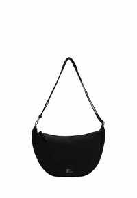 Czarna torebka na ramię o kształcie półksiężyca, wykonana z gładkiego materiału. Posiada długi, regulowany pasek oraz logo z przodu.