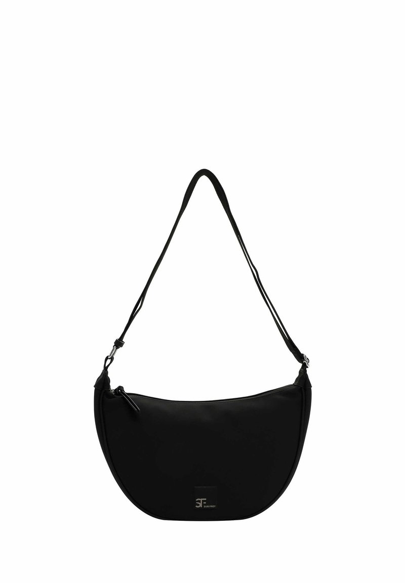 Czarna torebka na ramię o kształcie półksiężyca, wykonana z gładkiego materiału. Posiada długi, regulowany pasek oraz logo z przodu.