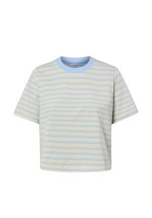 T-shirt court à manches courtes avec des rayures horizontales jaune pâle et bleu clair et un col rond bleu clair.