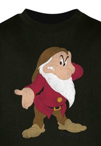 Black t-shirt featuring a cartoon dwarf with a brown hat and beard, wearing a red shirt with a yellow belt and tan shoes.