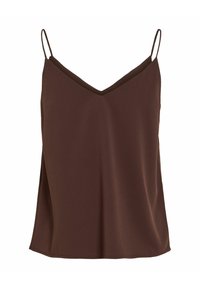 Haut caraco marron sans manches avec fines bretelles spaghetti et décolleté en V, fabriqué en tissu lisse et léger.