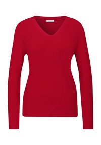 Maglione rosso a maniche lunghe con scollo a V, texture a costine e silhouette aderente. Semplice e in tinta unita, senza ulteriori motivi o accenti.