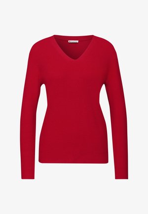 Pull rouge à manches longues avec un design en V, texture côtelée et silhouette ajustée. Simple et de couleur unie, sans motifs ni accents supplémentaires.