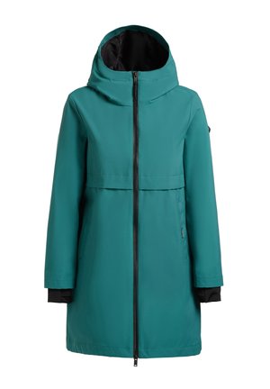 Blågrøn knælængde regnfrakke med hætte, sort indvendig foring, forreste lynlås og forlængede sorte manchetter på lange ærmer.