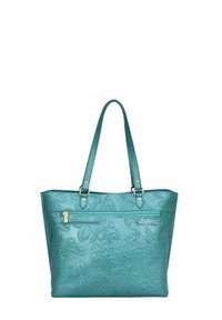 Türkise Leder-Tasche mit geprägten Blumenmustern, vorderer Reißverschlusstasche und zwei Schulterriemen mit goldenen Beschlägen.