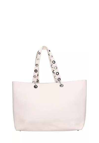 Borsa a tote bianca in pelle con accenti circolari neri sui manici, caratterizzata da una forma rettangolare e una texture liscia. Finiture in argento visibili.