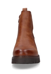Braune Leder-Ankle-Boots mit runder Zehenform, seitlichem Reißverschluss und strukturiertem Gummisohle. Mit einer Pull-Tab an der Rückseite für einfaches An- und Ausziehen.