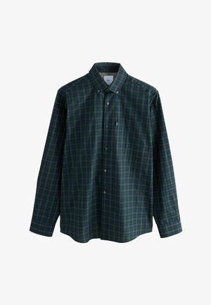 Zelená a modrá kostkovaná košile s límcem na knoflíky, dlouhými rukávy a náprsní kapsou. Vyrobena z lehké tkaniny s měkkou texturou.