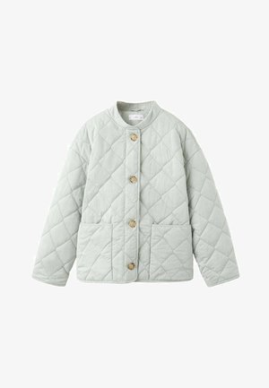 Giacca trapuntata verde chiaro con colletto rotondo, dotata di quattro bottoni in legno e due tasche frontali. Motivo a diamante strutturato su tutta la superficie.