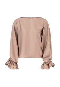 Langärmlige Bluse aus weichem, beigen Stoff mit lockerer Passform. Verfügt über einen weit ausgeschnittenen Hals und geraffte Manschetten für zusätzliche Details. Sanfte Textur.