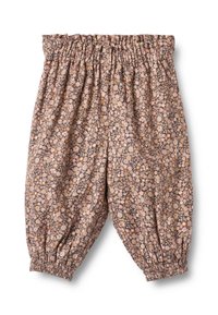 Brązowe spodnie w kwiatowy wzór z elastycznym pasem i marszczonymi mankietami, wykonane z lekkiej tkaniny zapewniającej komfort i swobodę.