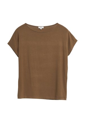 Brązowy luźny T-shirt z krótkim rękawem i okrągłym dekoltem, oznaczony marką s.Oliver, przedstawiony na białym tle.