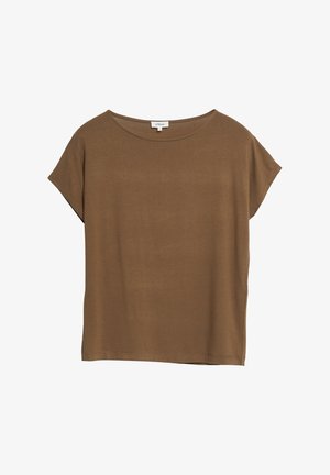 Bruine T-shirt met korte mouwen en losse pasvorm, ronde hals, met label s.Oliver, weergegeven tegen een witte achtergrond.
