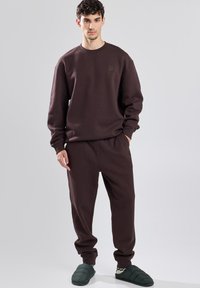 Brown sweatshirt and matching joggers made of thick fabric, featuring a crew neck and subtle logo detail. Model wears green slippers.