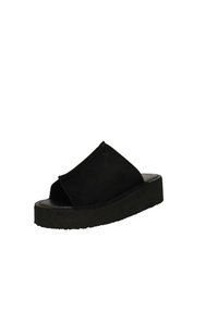 Infradito neri in suede con apertura, suola piatta in gomma e design minimalista. Presentano una fascia testurizzata e una piattaforma semplice.