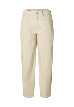 Pantalons beige en tissu texturé avec une coupe droite, deux poches avant et une fermeture à bouton unique à la taille.