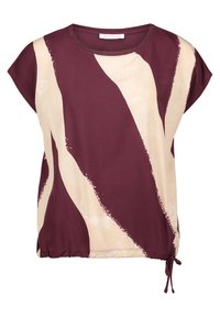 Kurzärmlige Bluse mit breiten beigen abstrakten Streifen auf burgunderfarbigen Hintergrund und einem Kordelzug am Saum.