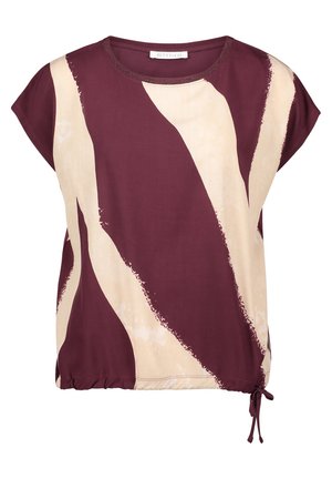 Bluzka z krótkim rękawem z szerokimi beżowymi abstrakcyjnymi paskami na burgundowym tle i sznurkiem ściągającym u dołu.