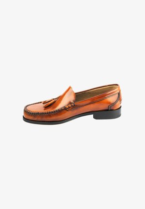 Brown leather loafers with tassel accents, featuring a stitched design and a low black rubber sole. Sleek and smooth texture throughout.