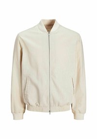 Light beige bomber jacket with a round collar, front zipper, and side pockets. Features elasticized cuffs and hem, smooth texture.