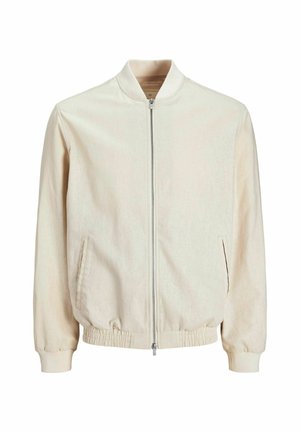 Hellbeige Bomberjacke mit Rundhalsausschnitt, Reißverschluss vorne und seitlichen Taschen. Verfügt über elastische Bündchen und Saum, glatte Textur.