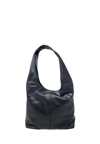 Czarna skórzana torba hobo z pojedynczym, zaokrąglonym paskiem na ramię. Miękka faktura, pełny kształt oraz detale szwów na korpusie.