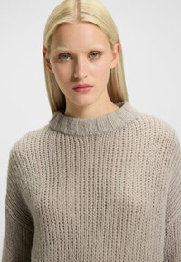 Lichtbeige gebreide trui met een losse pasvorm, geribbelde halslijn en een licht transparante textuur. Heeft lange mouwen en een ontspannen fit.