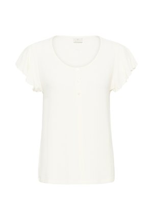 Bluza albă cu mâneci scurte, decolteu rotund, trei nasturi mici în față și mâneci evazate dintr-un material ușor.