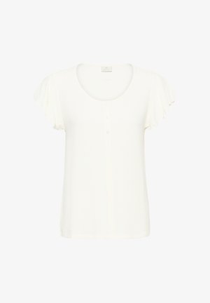 Bluza albă cu mâneci scurte, decolteu rotund, trei nasturi mici în față și mâneci evazate dintr-un material ușor.