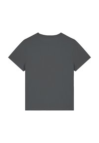 Grijs T-shirt met korte mouwen en ronde hals. Glad textuur en een eenvoudig ontwerp, zonder zichtbare patronen of accenten.