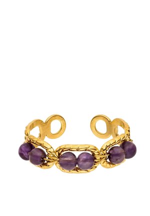 Gold cuff bracelet with twisted design featuring six round polished purple amethyst beads evenly spaced along the band.