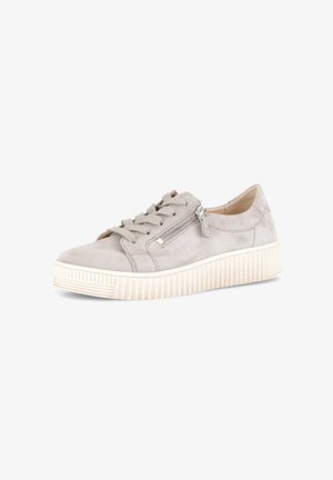 Light gray suede sneaker with thick white ribbed sole, lace-up front, and silver side zipper, shown against white background.
