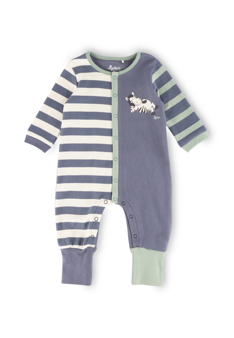 Gestreifter Baby-Overall in Marineblau, Creme und Grün. Mit Druckknöpfen, langen Ärmeln und einem Zebra-Print-Design auf der Brust.