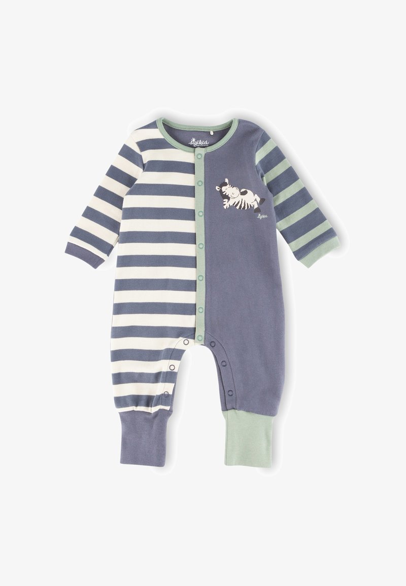 Gestreifter Baby-Overall in Marineblau, Creme und Grün. Mit Druckknöpfen, langen Ärmeln und einem Zebra-Print-Design auf der Brust.