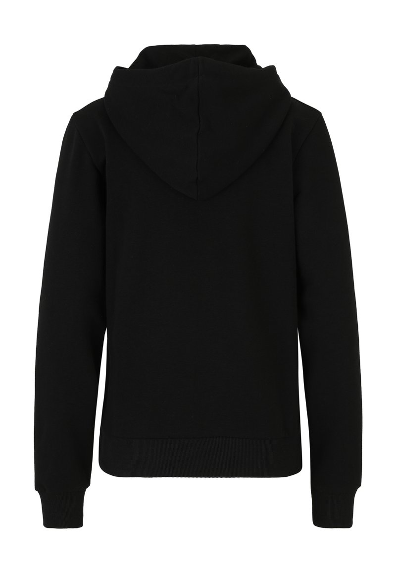 Felpa nera con cappuccio e maniche lunghe, caratterizzata da una texture morbida, polsini a coste e un orlo leggermente curvato in vita.