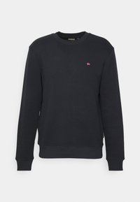 Felpa blu navy scuro in misto cotone, con maniche lunghe, girocollo e piccolo logo ricamato sul petto.