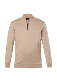 Beiger Strickpullover mit hohem Kragen und halbem Reißverschluss. Verfügt über gerippte Bündchen und Saum, eine glatte Textur und ein minimalistisches Design.