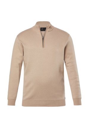 Pull en tricot beige avec col montant et fermeture éclair moitié. Présente des poignets et un ourlet côtelés, une texture lisse et un design minimaliste.